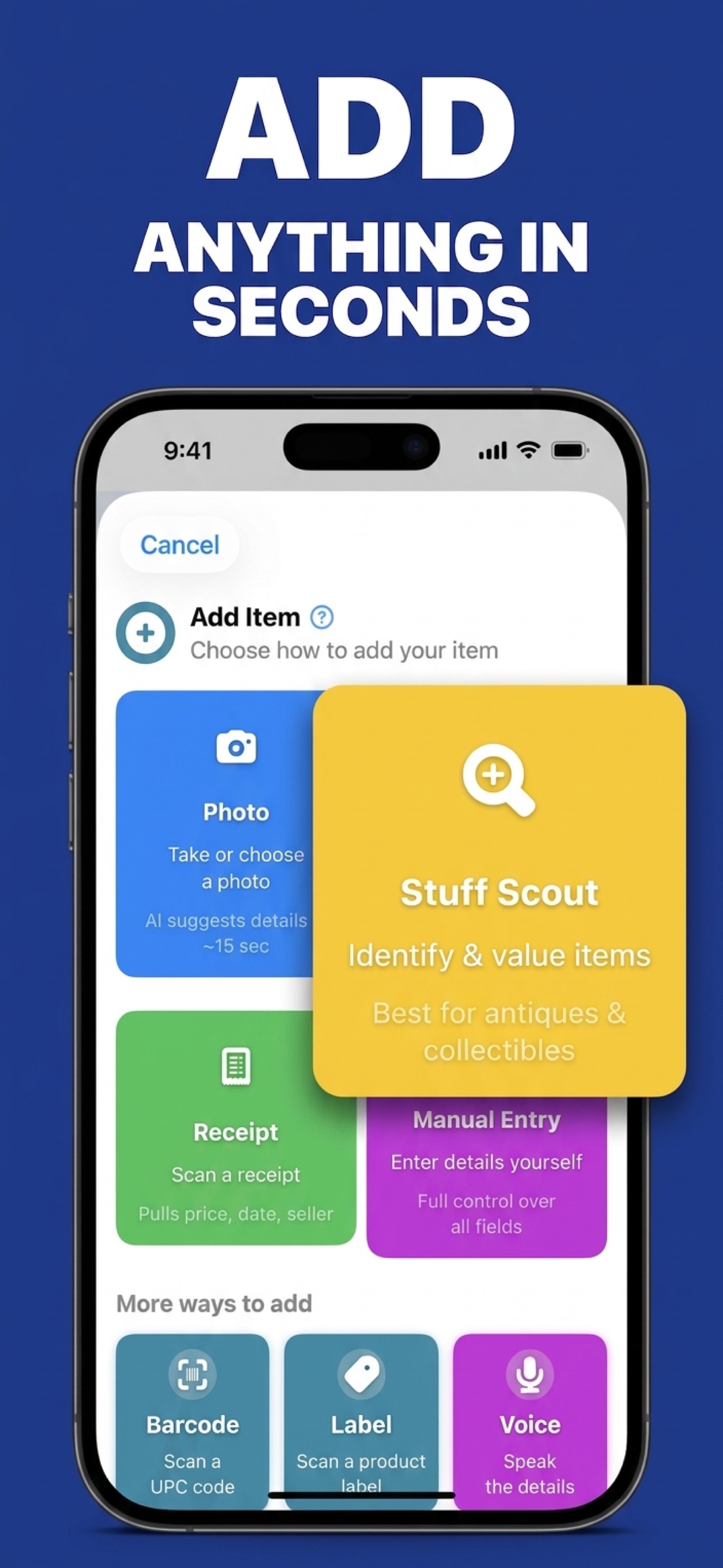 Stuffolio iPhone screenshot: Add anything in seconds