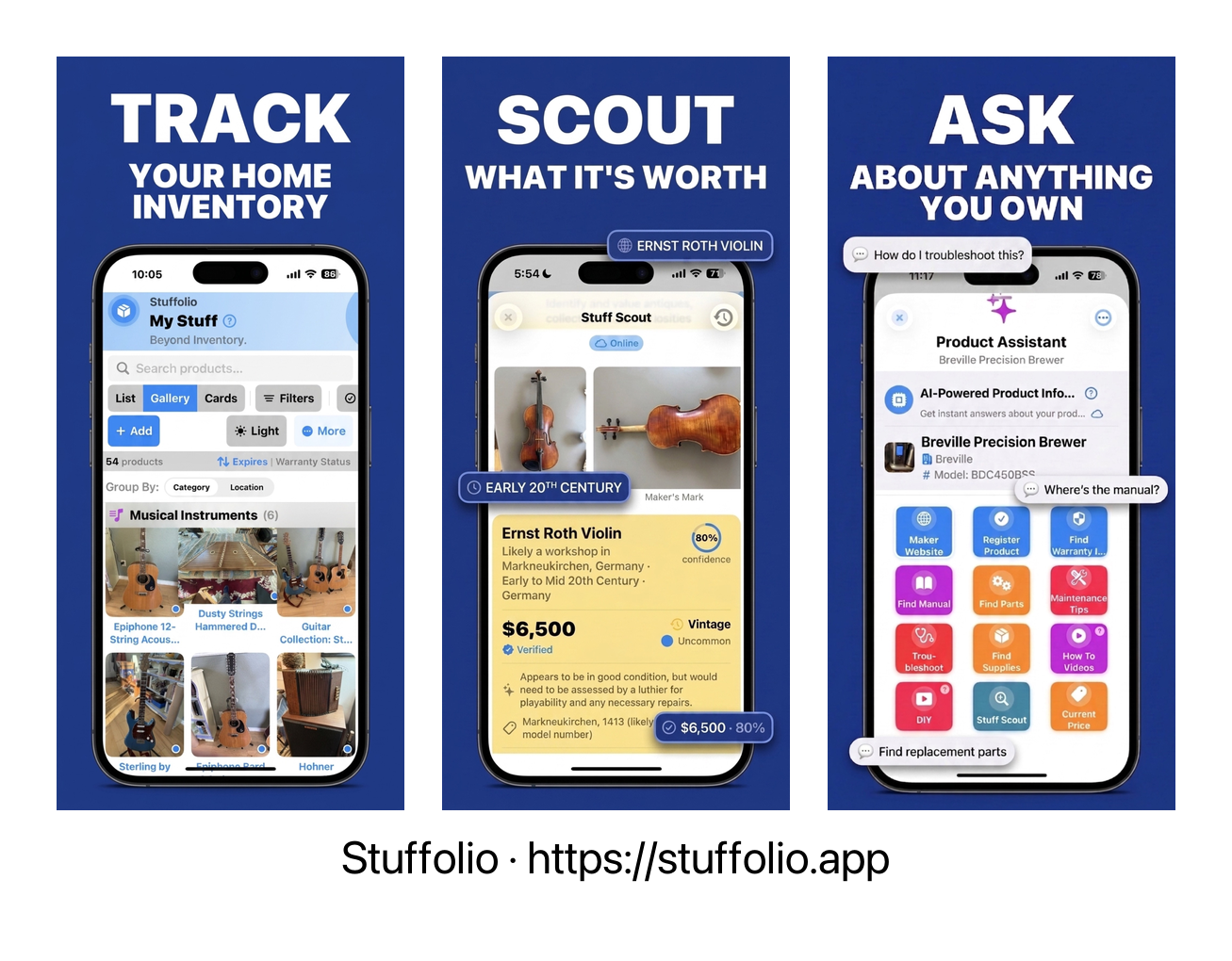 Three Stuffolio iPhone screenshots side by side: Track your home inventory, Scout what it's worth, and Ask about anything you own.