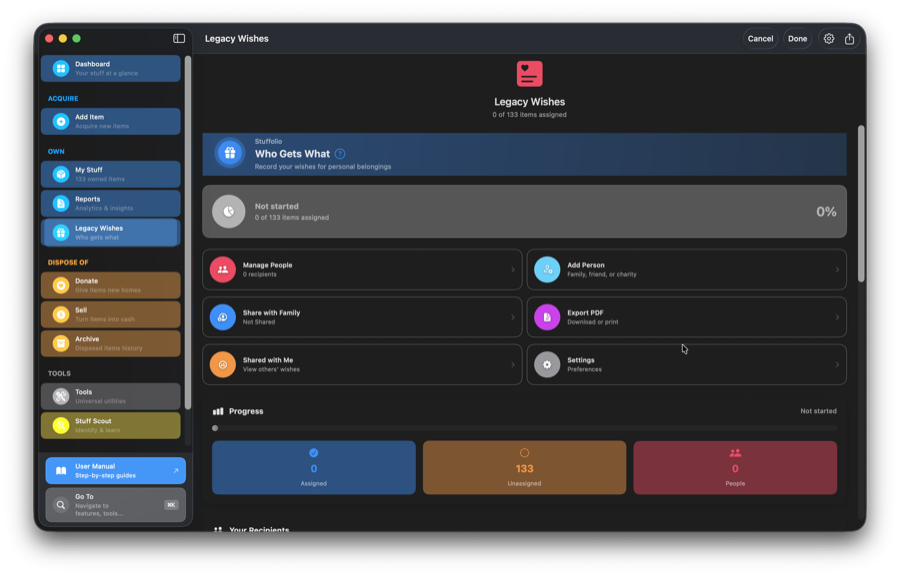Legacy Wishes on Mac showing progress tracker, Manage People, Share with Family, Export PDF, and assignment stats