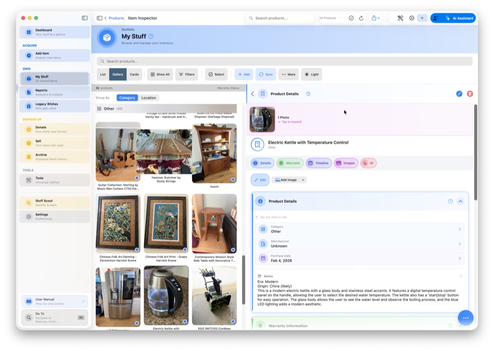 Stuffolio My Stuff gallery view showing items with the Item Inspector panel
