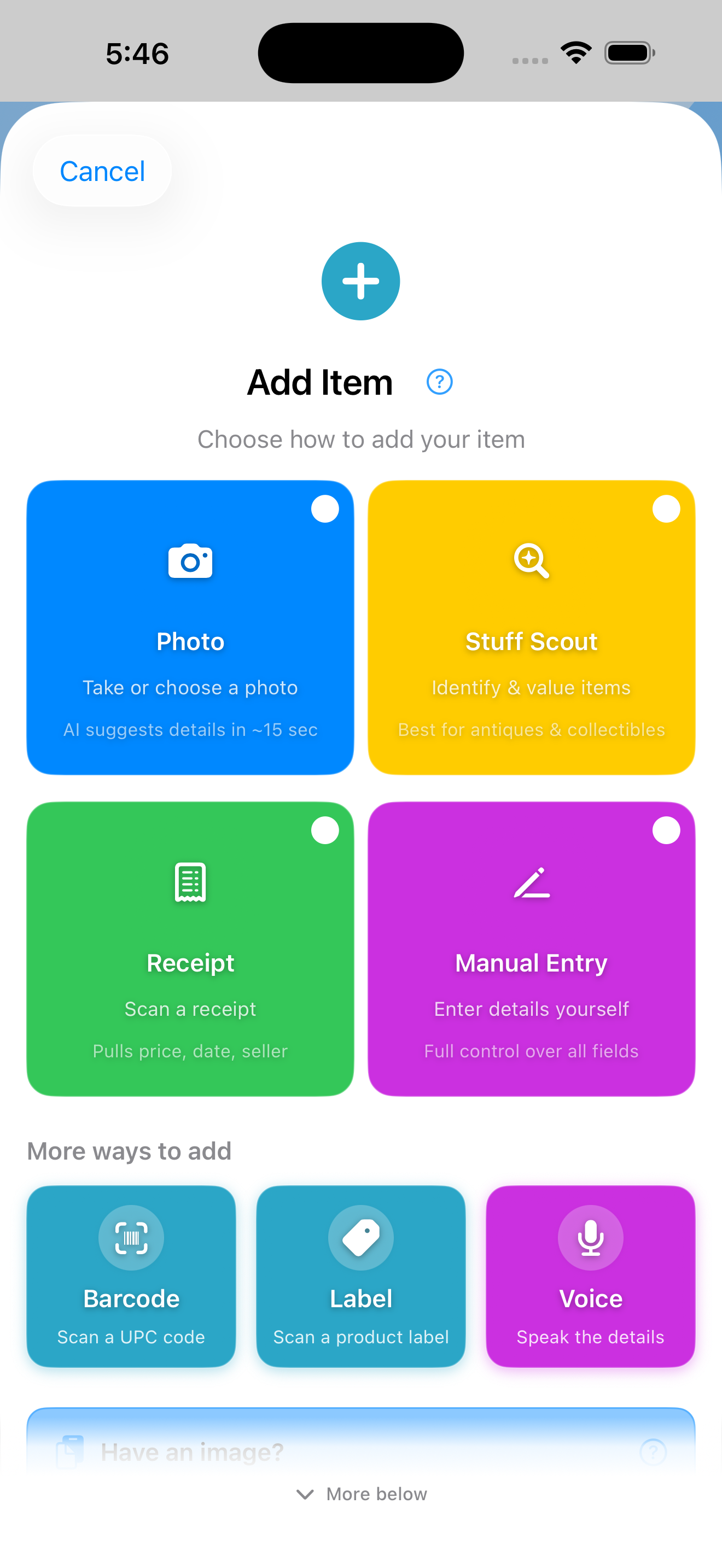 Add Item chooser sheet showing all seven entry methods in tiered layout