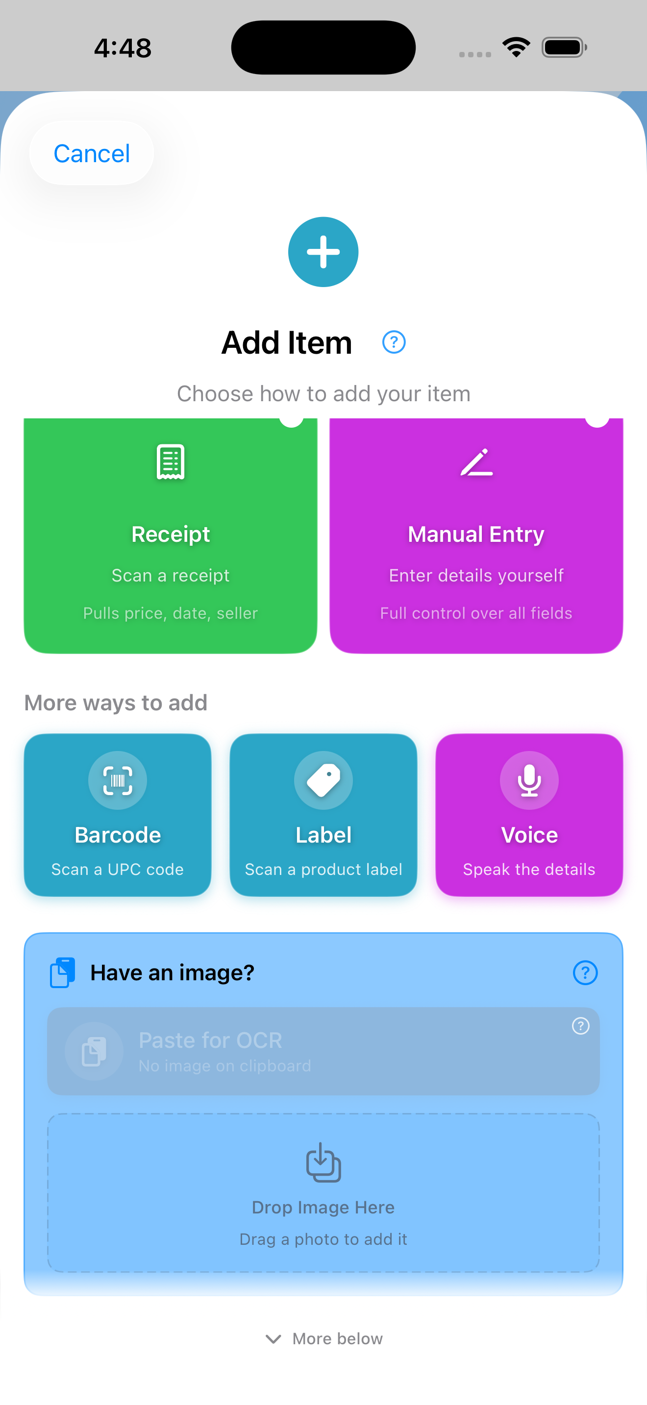 Chooser scrolled to reveal the Paste and Drop accelerator strip