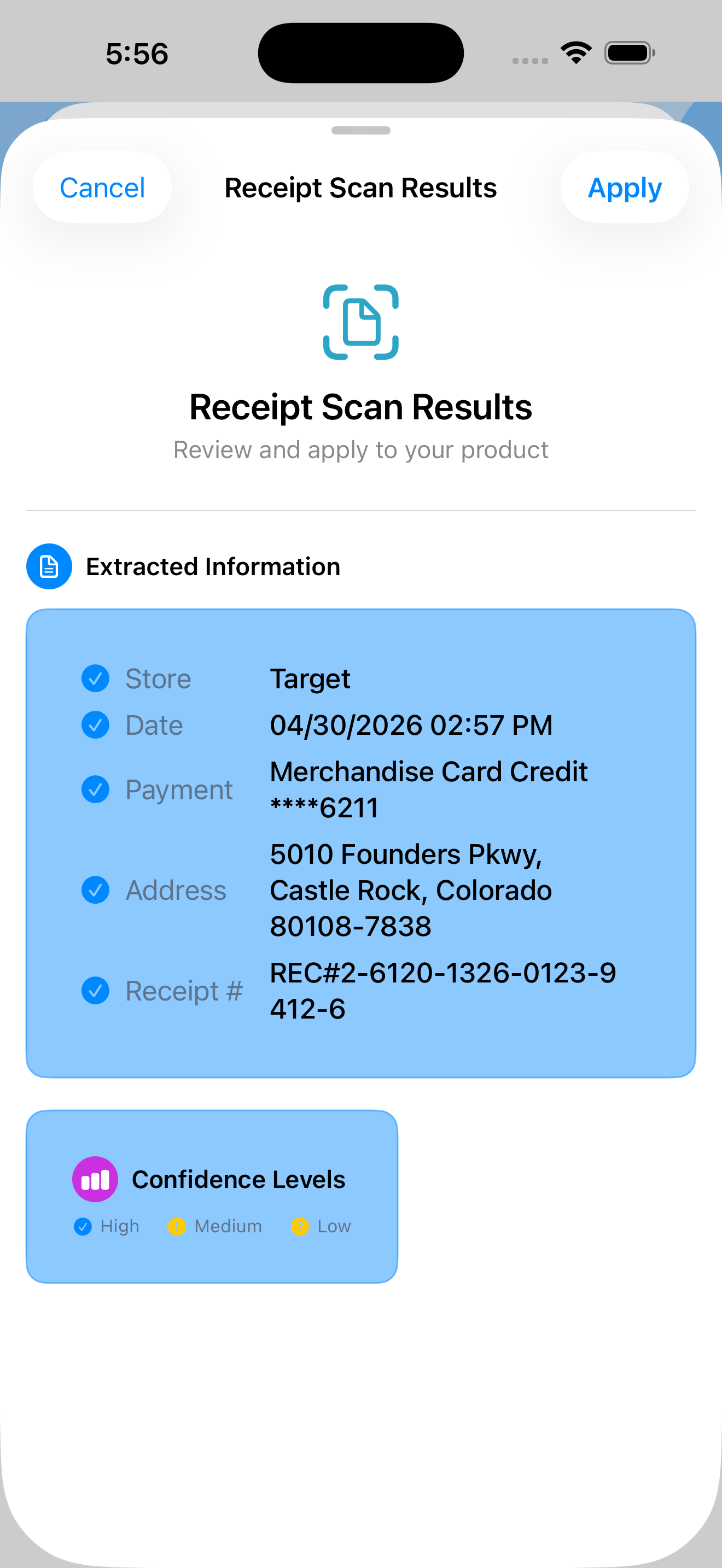 Receipt Scan Results screen showing OCR extracted information from a Target receipt: Store, Date, Payment method, Address, and Receipt number, with Confidence Levels legend