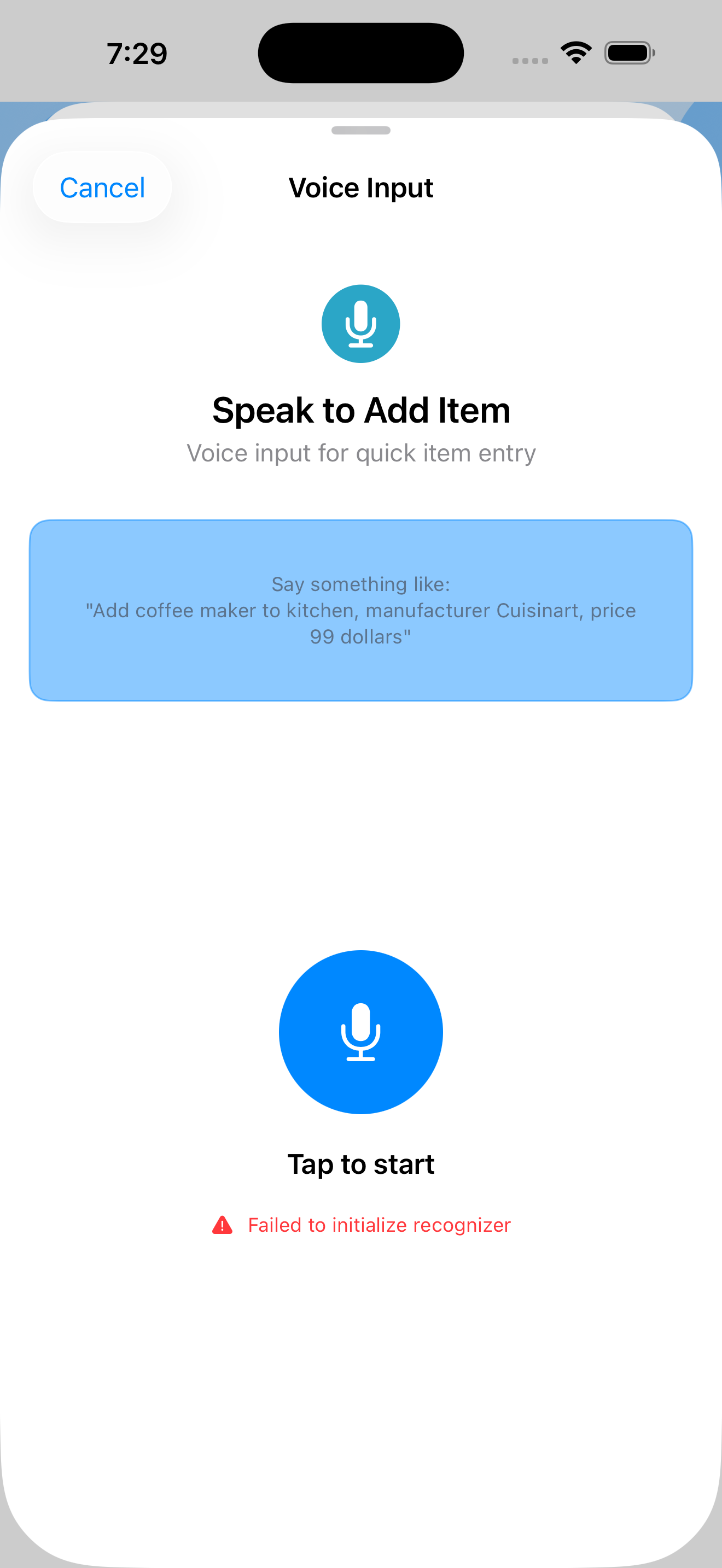 Voice Input sheet showing the canonical example phrasing: Add coffee maker to kitchen, manufacturer Cuisinart, price 99 dollars