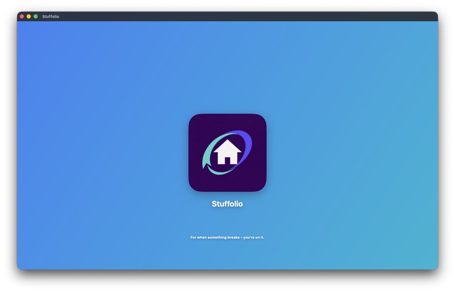 Stuffolio app splash screen showing the new house-in-orbit logo and the tagline 'For when something breaks - you're on it.'