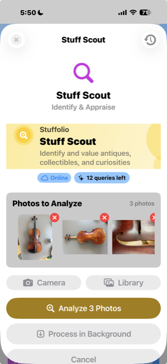 Stuff Scout analyzing 3 photos of a violin — front, back, and maker’s mark