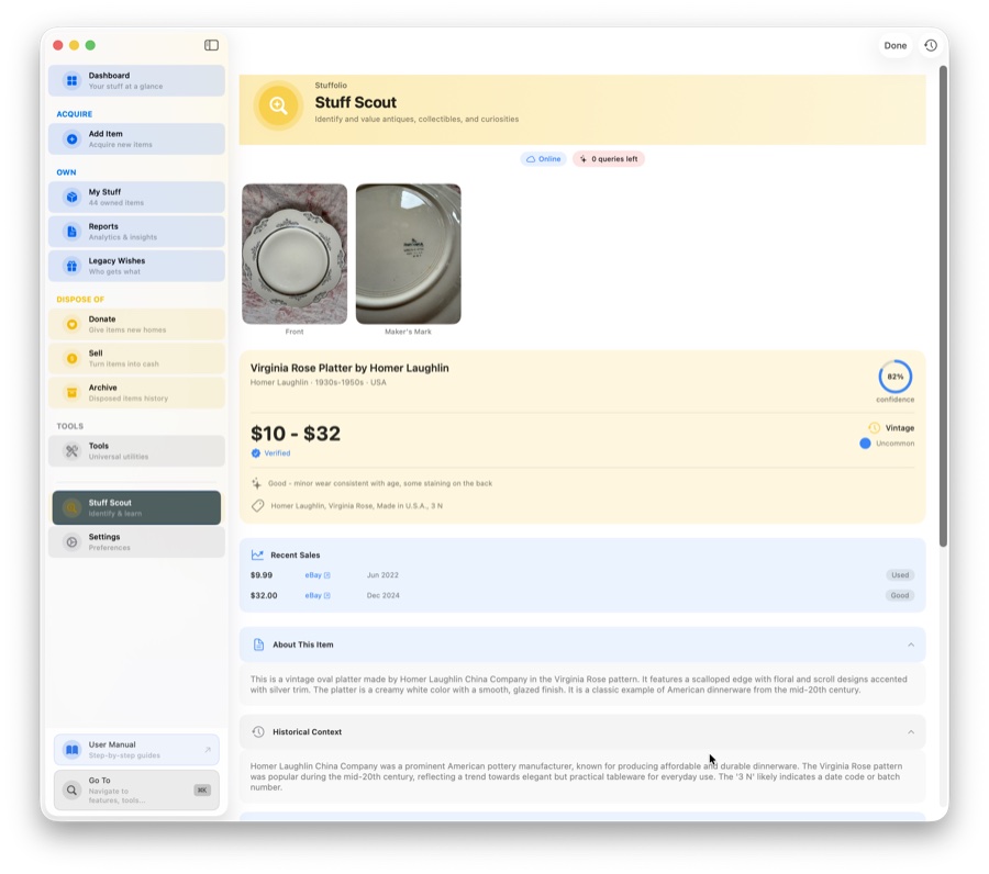 Stuff Scout identifying a Virginia Rose platter with value estimate and historical context